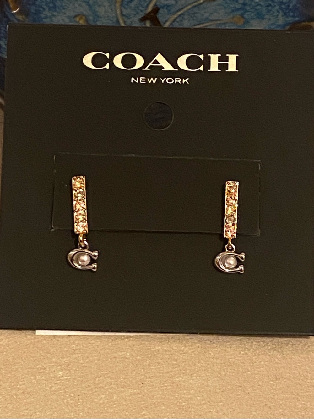 Coach Signature Pave Bar Gold Huggie Earrings - w/Cubic Zirconia - CL142